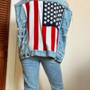 Distressed Oversized American Flag Jean Vest